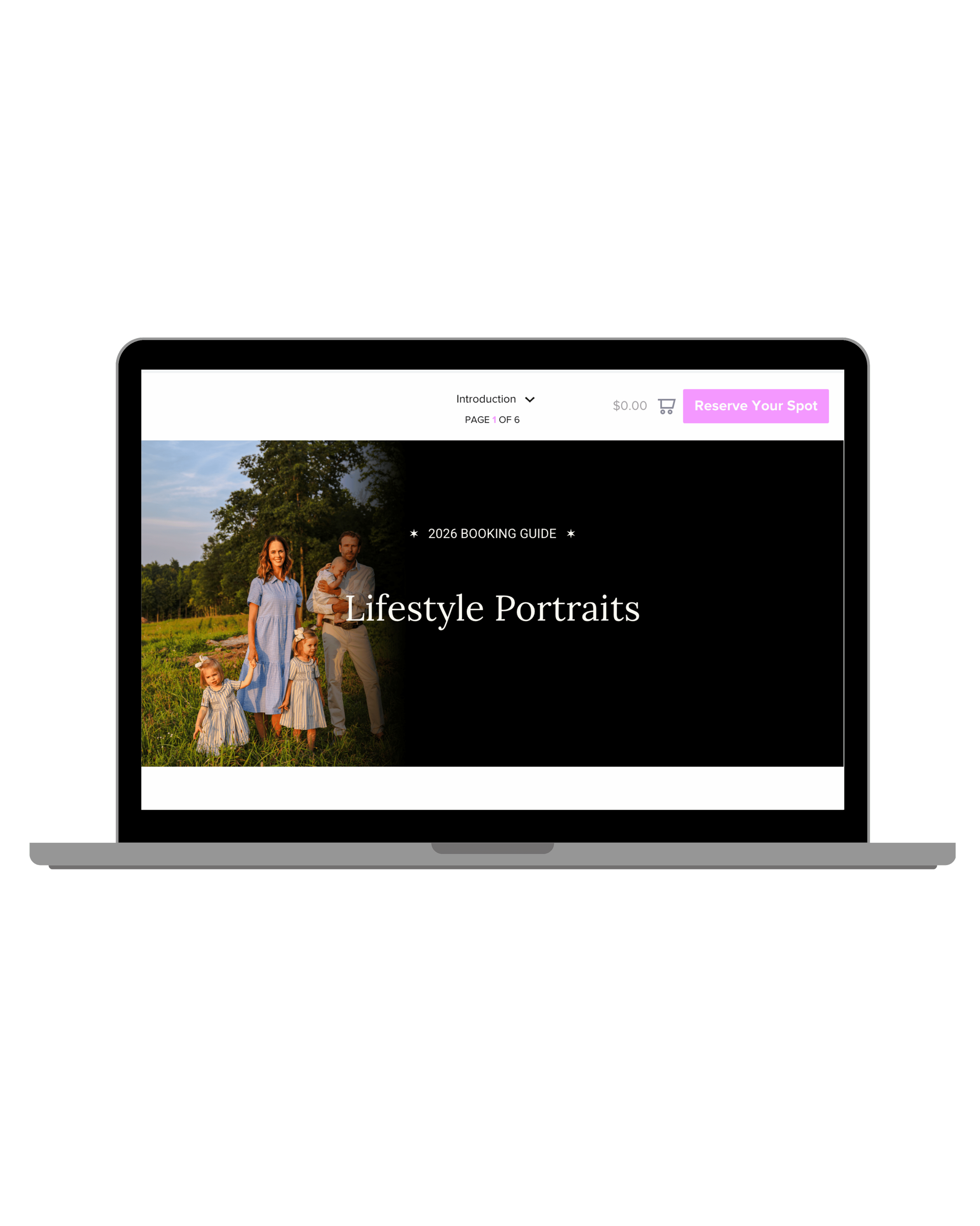 Laptop screen displaying a website titled 'Lifestyle Portraits' with a photo of a family outdoors on the left side, and navigation options at the top including a 'Reserve Your Spot' button in pink.