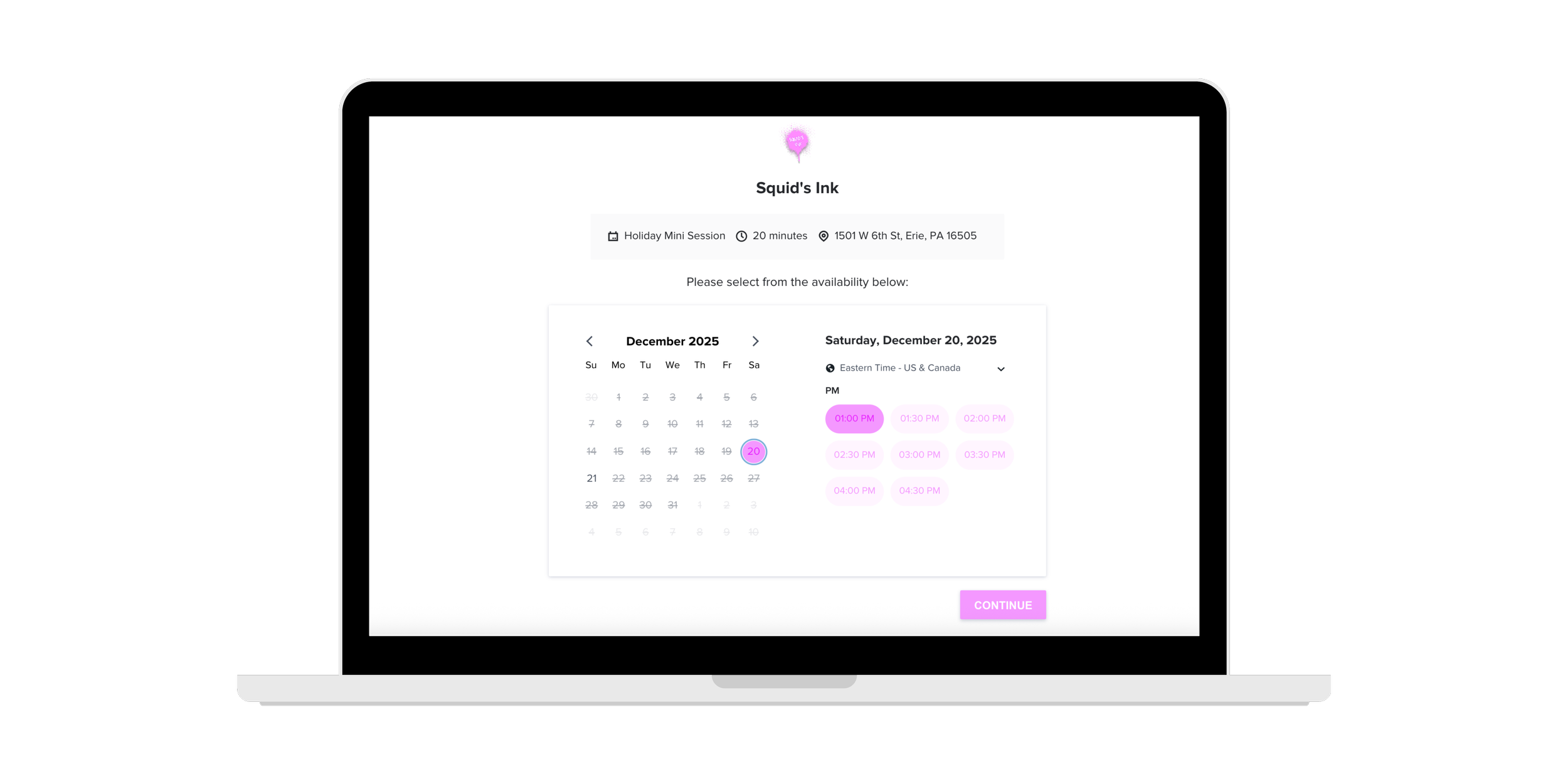 Laptop screen displaying an online appointment booking interface for Squid's Ink, with available time slots in December 2025, showing a selected date of December 20. The interface includes a calendar, time options, and a 'Continue' button in pink.