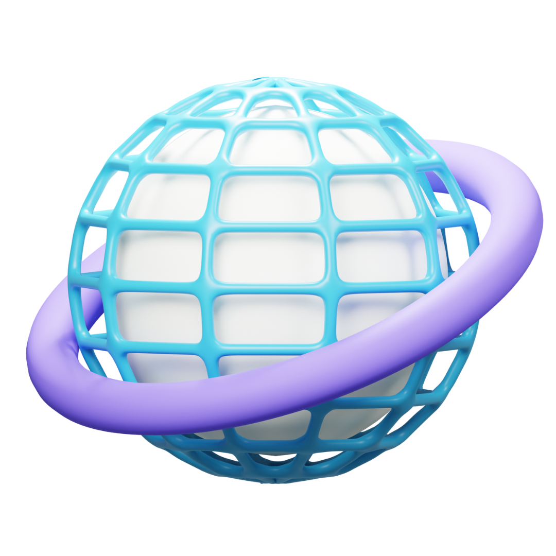3D abstract sphere with blue grid and purple ring