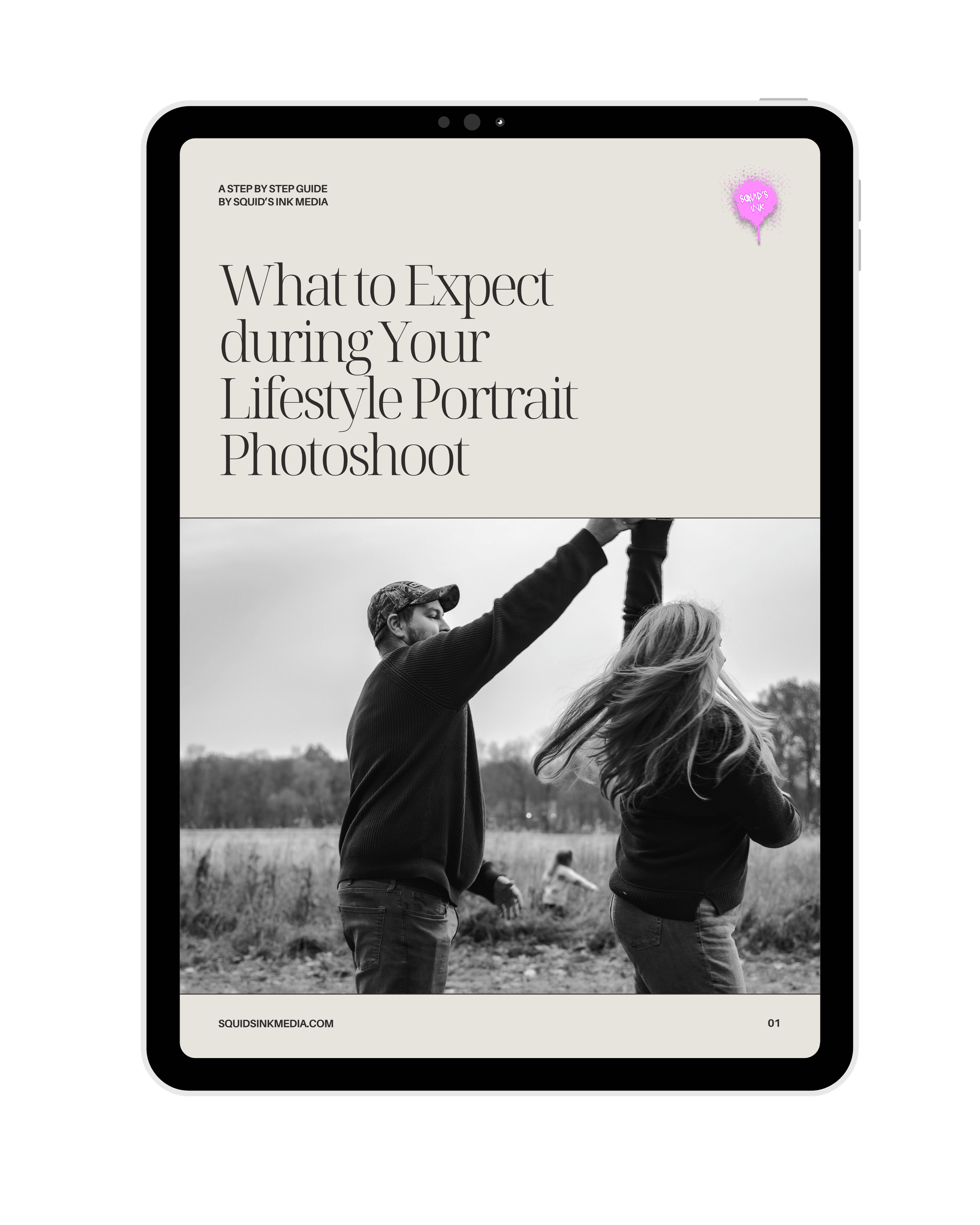 Digital tablet displaying a guide titled 'What to Expect during Your Lifestyle Portrait Photoshoot' with a black and white photograph of a man and woman in an outdoor field, with the man holding the woman's hand up in the air.