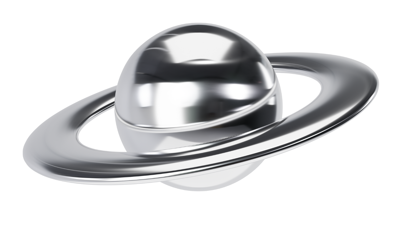Metallic 3D shape resembling a planet with rings