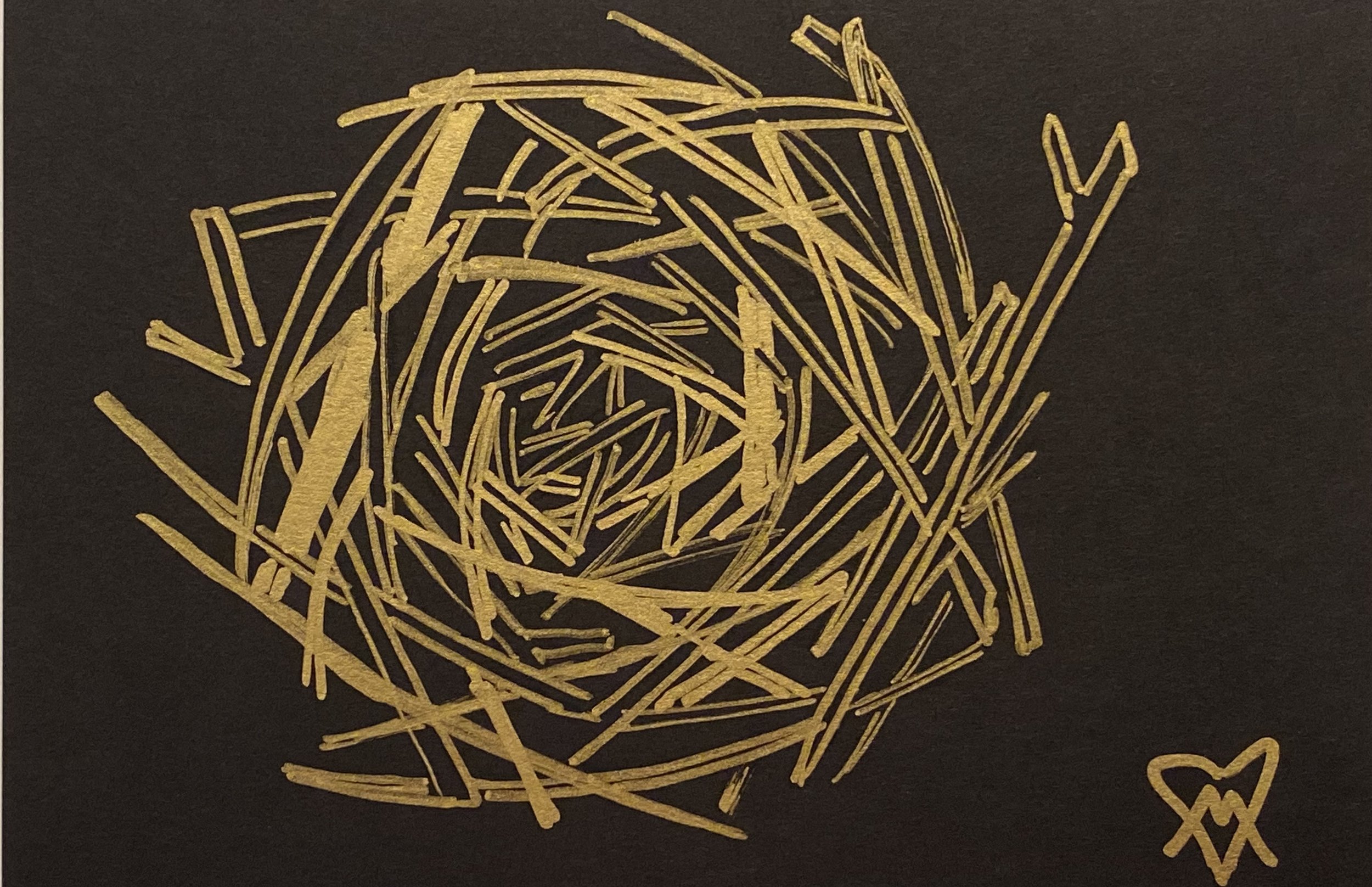 gold paint marker drawing of a nest oil on cardstock