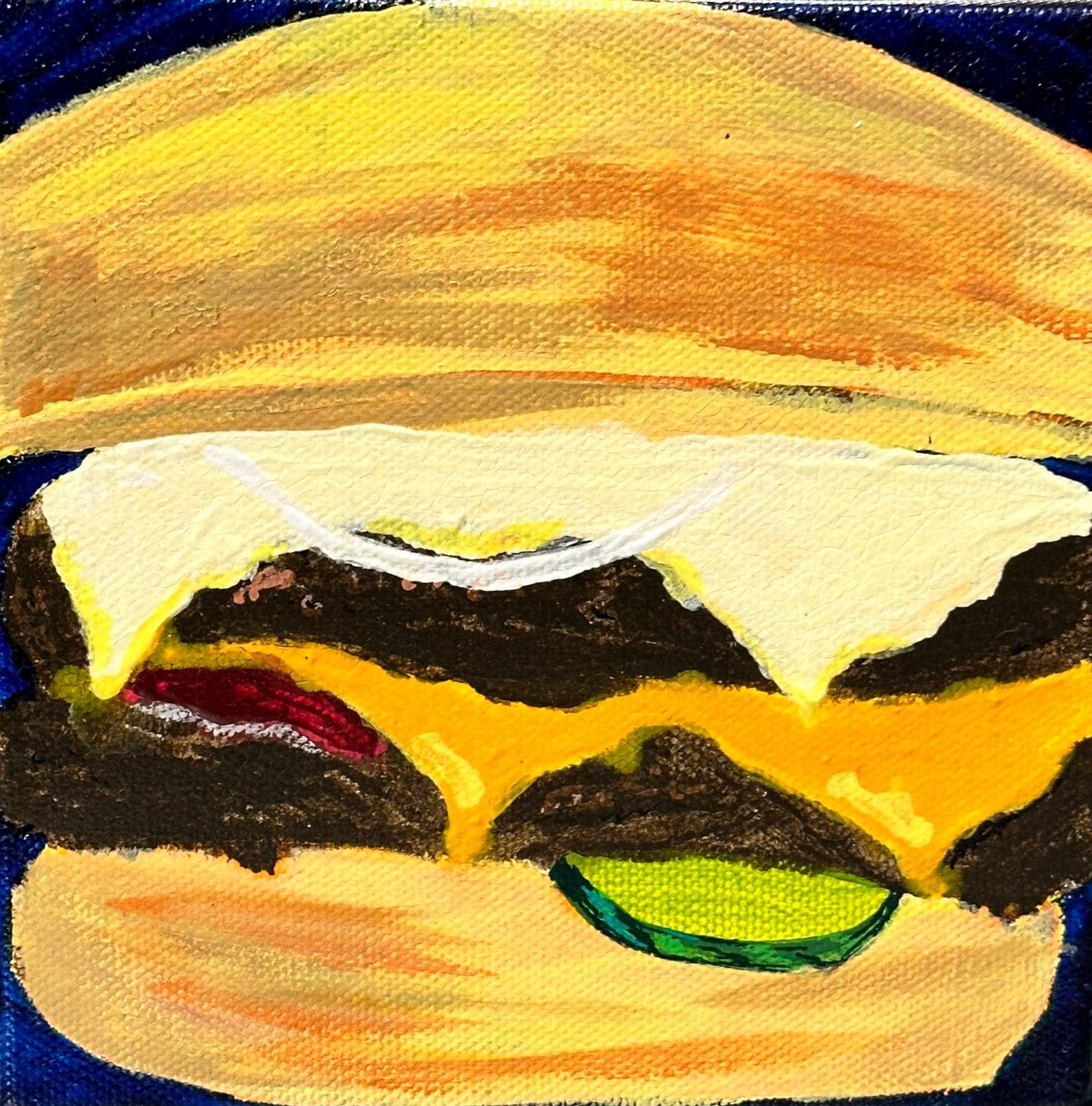 Martha Valenta
"Rockwell Burger", 2017.
Acrylic on canvas.
8 inches x 8 inches
