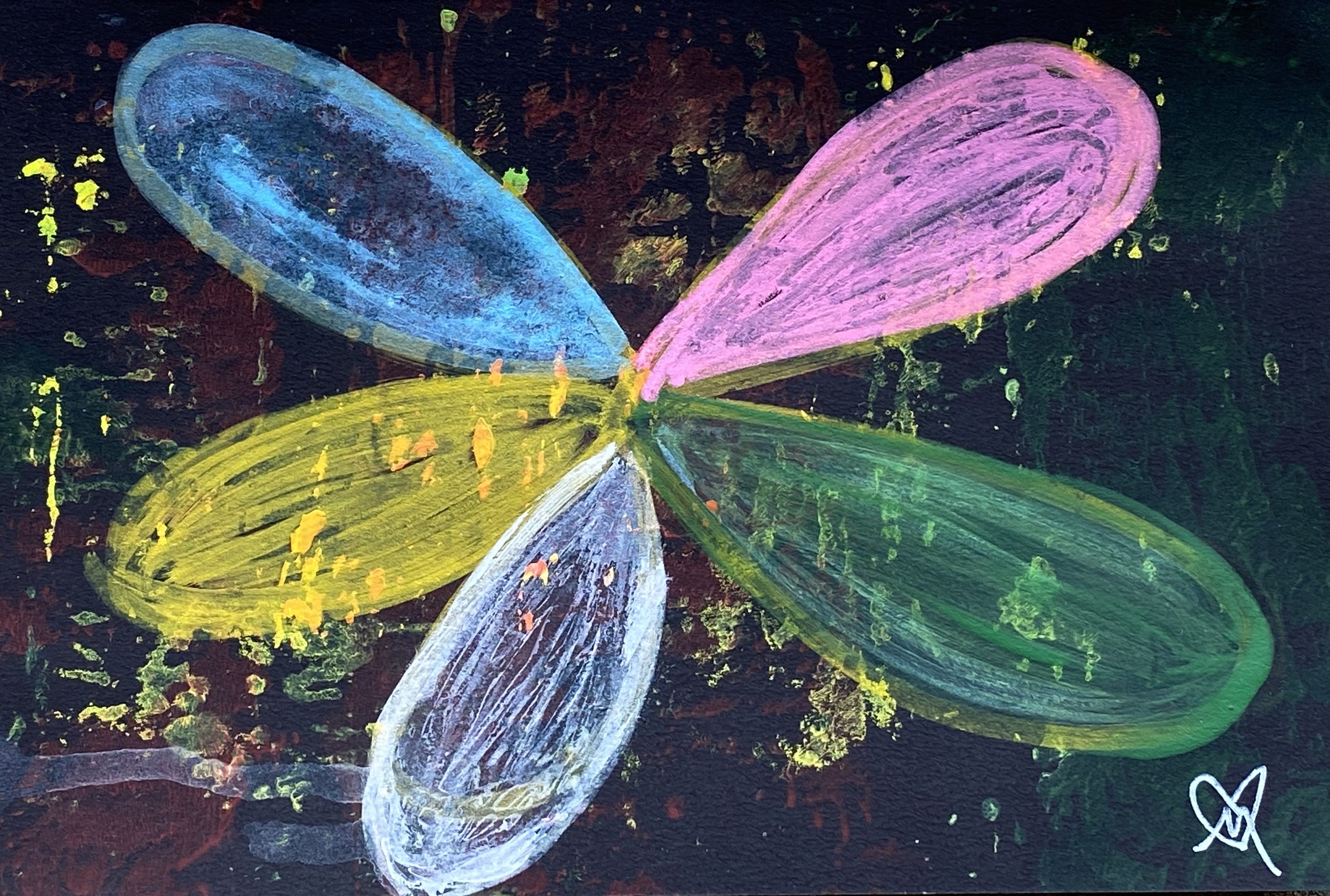 acrylic on card stock - abstract print and painting with five loops