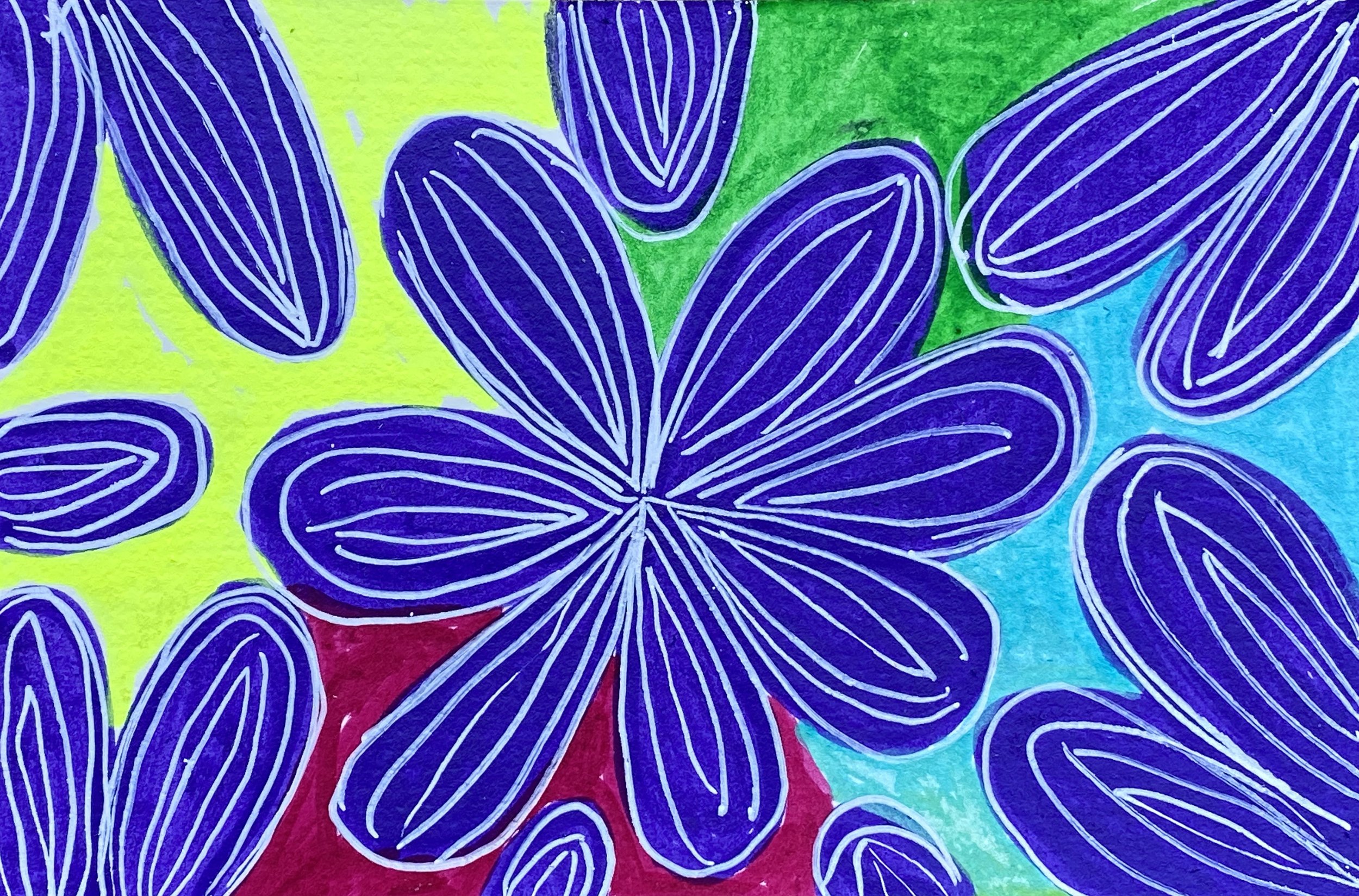 acrylic on card stock - abstract painting with purple flowers on a multicolor background