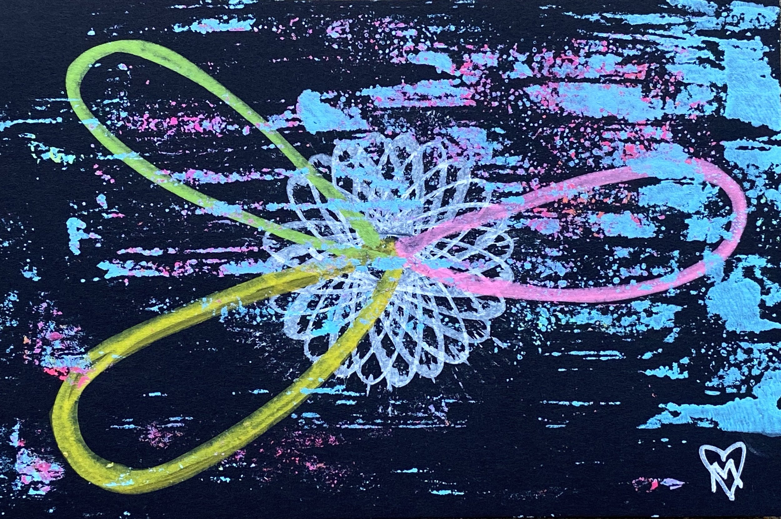 acrylic on card stock - abstract print and painting with three loops