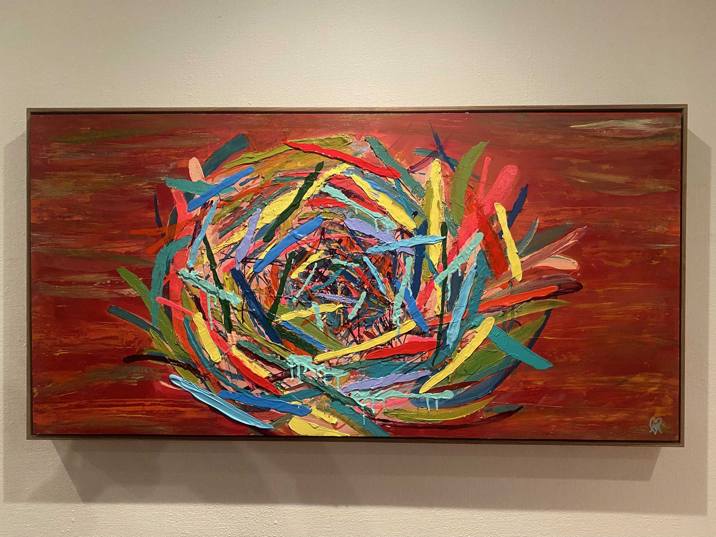 24 inch by 48 inch multicolored nest painting on a red background
