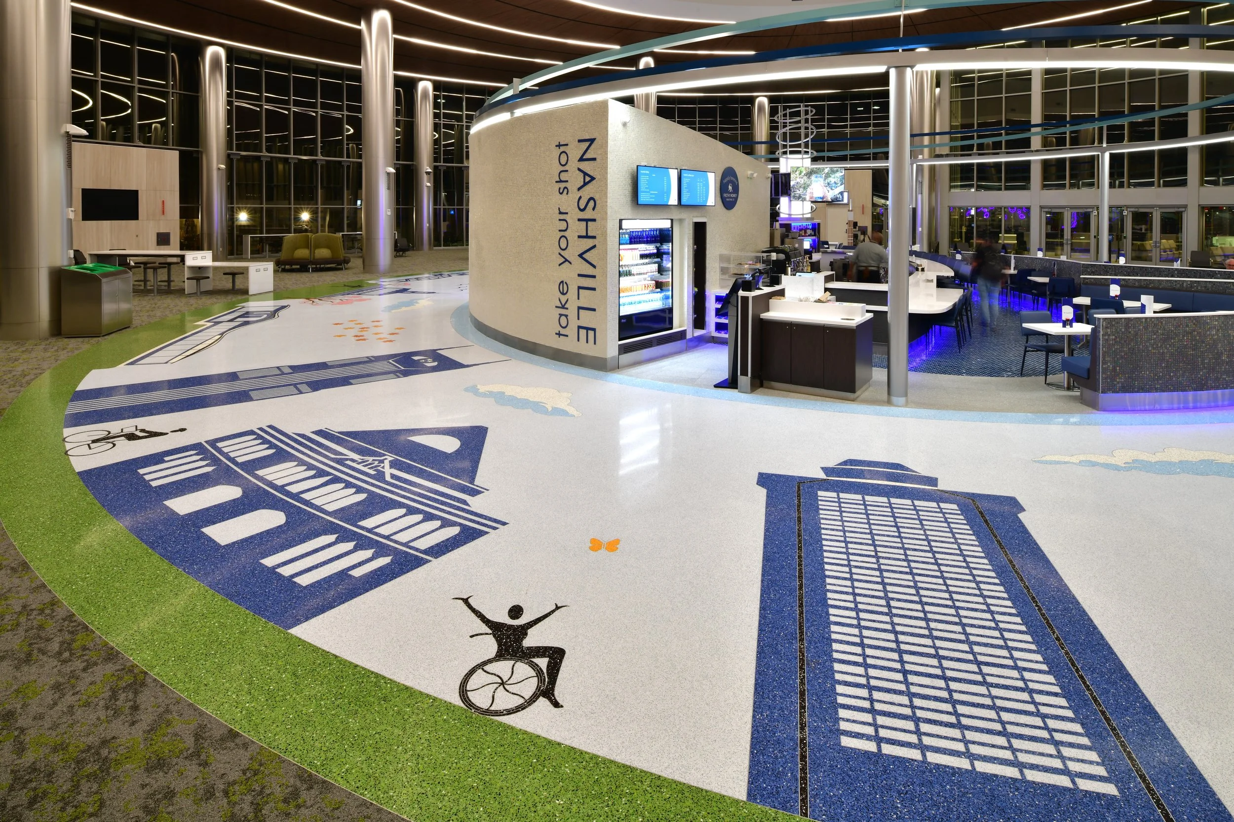 The artist collaborated with an all-inclusive team to vision this central artwork. Stakeholders ranged from terrazzo contractors and the BNA project manager, to architects, builders, and more. 