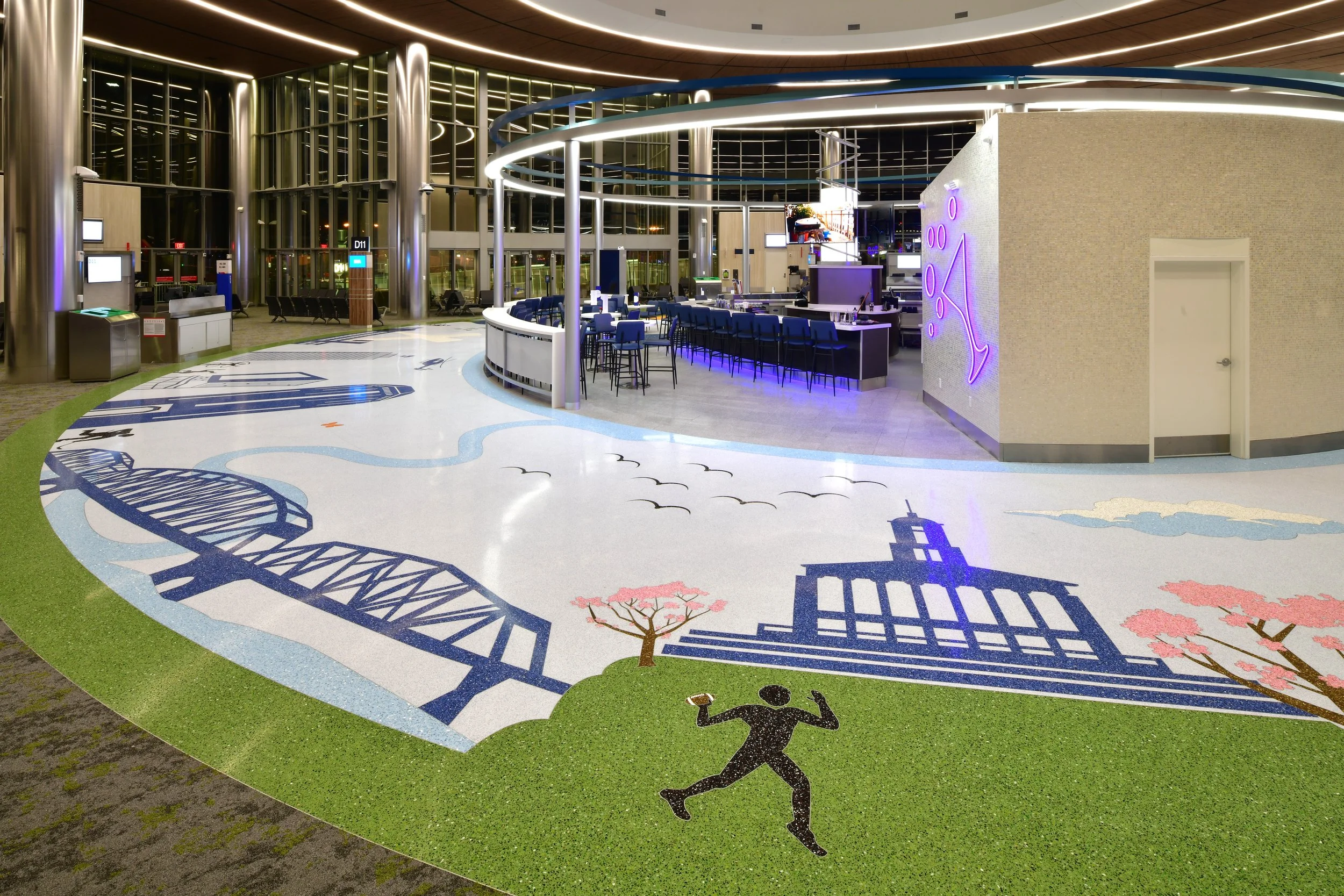 Our Radiant City introduces new guests to Nashville and welcome residents home amidst the icons and activities that enliven our culture. The circular node stretches 96’ in diameter. 