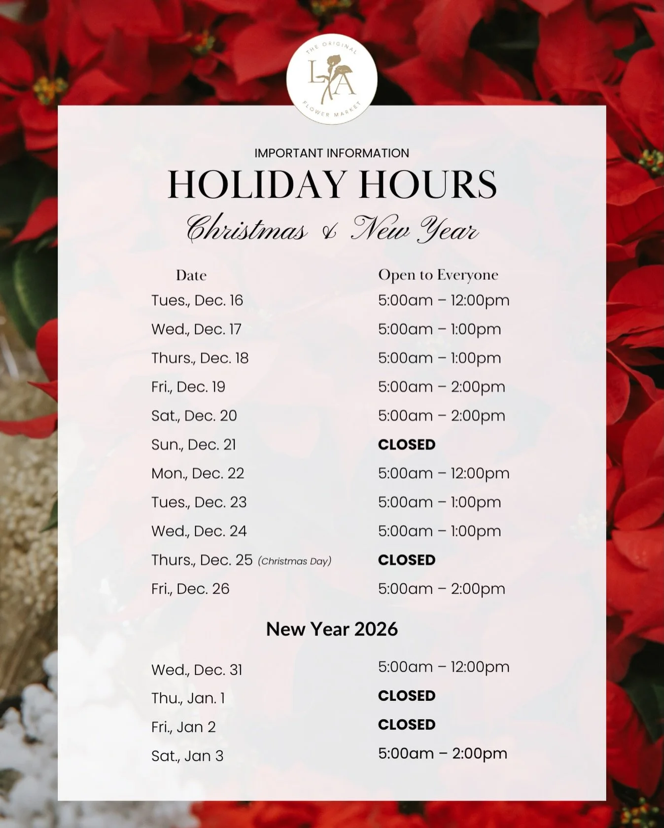HOLIDAY HOURS are up! 🎄✨

Our Christmas &amp; New Year Market schedule is officially posted, so you can plan your visits (and your floral chaos 🤭).

Check it out and mark your calendars! (Visit our website to see our regular hours)

***We&rsquo;re 