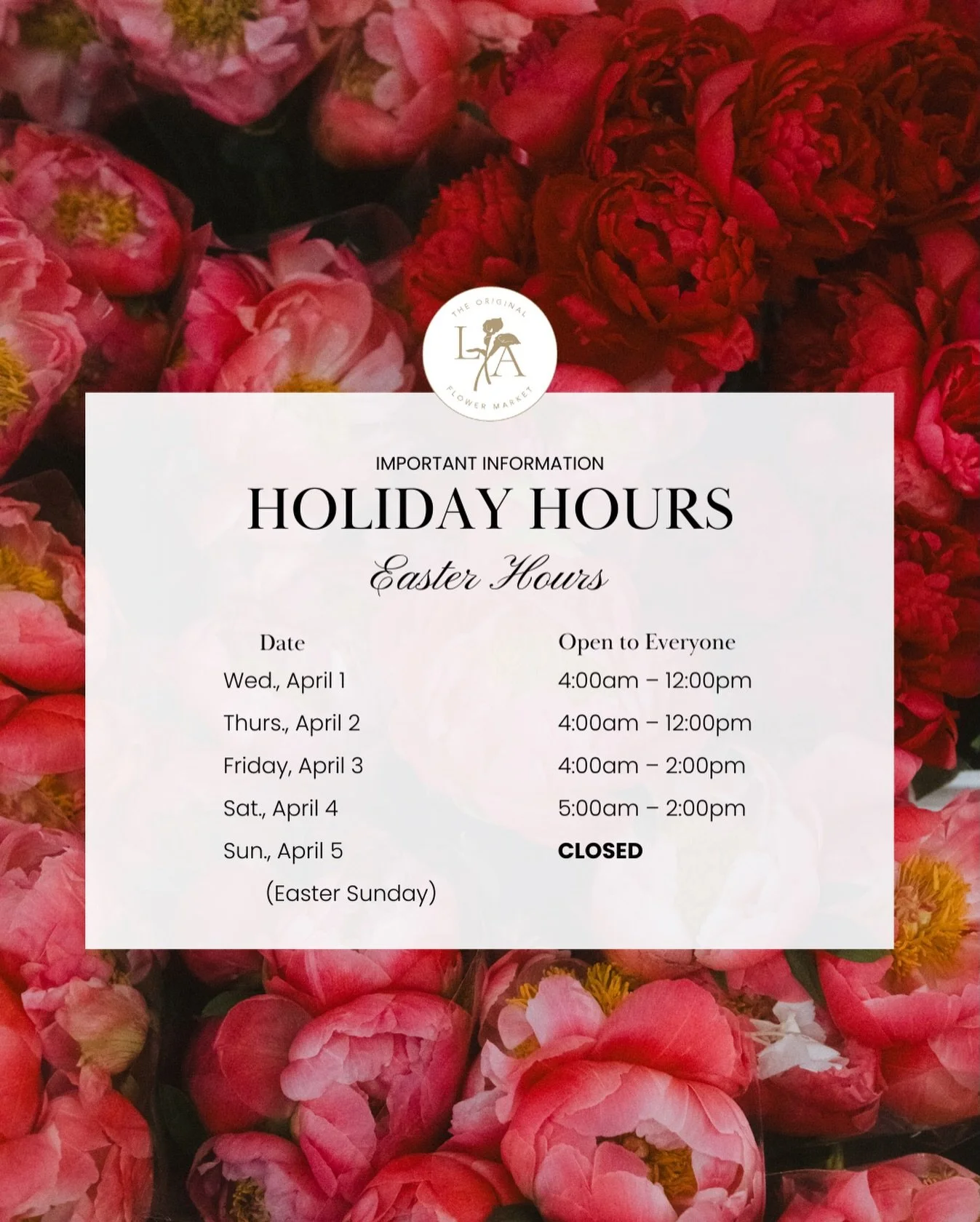 Easter Hours are here! 🐣 A little heads up on our special holiday schedule so you can plan your market run with ease 🌸🐰 Visit our website to check our regular hours and get all the details 💐

Easter hours, holiday schedule, LA Flower Market, OLAF