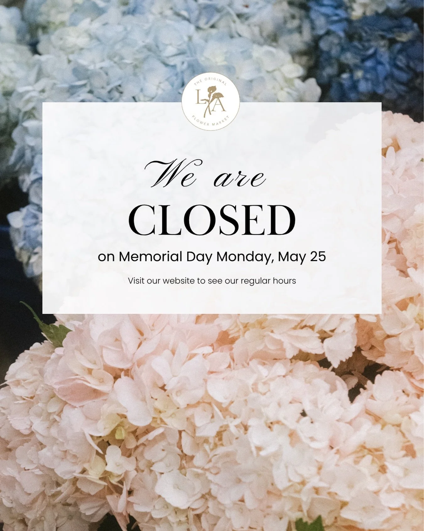 We are CLOSED on Memorial Day. Save this so you don&rsquo;t miss your run to the market or send this to whoever&rsquo;s in charge of bringing the flowers to the cookout.

We will be back on regular hours on Tuesday, May 26. 

Visit our website to che
