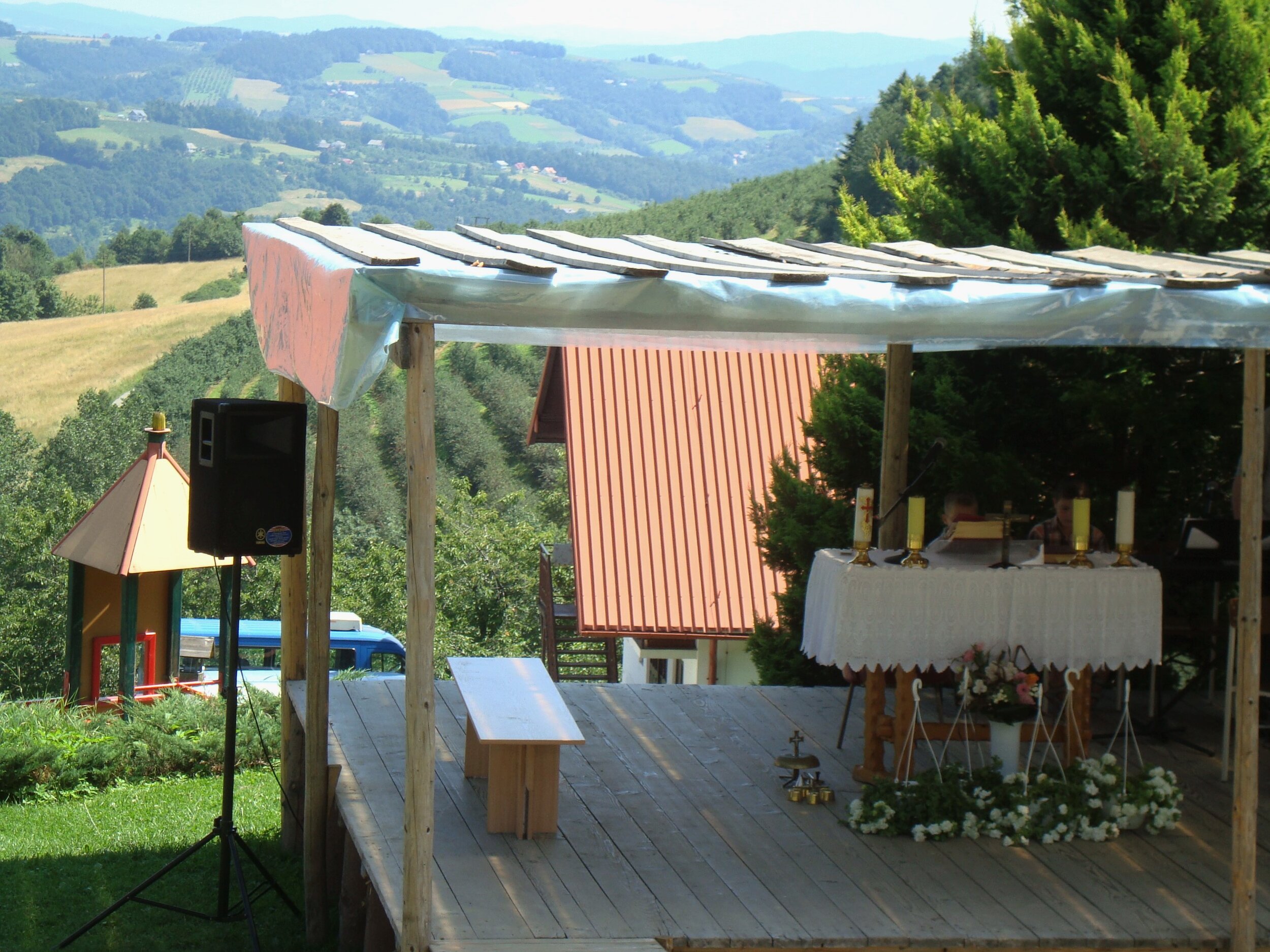 Outdoor mass at an orphanage in Zmiaca, Poland