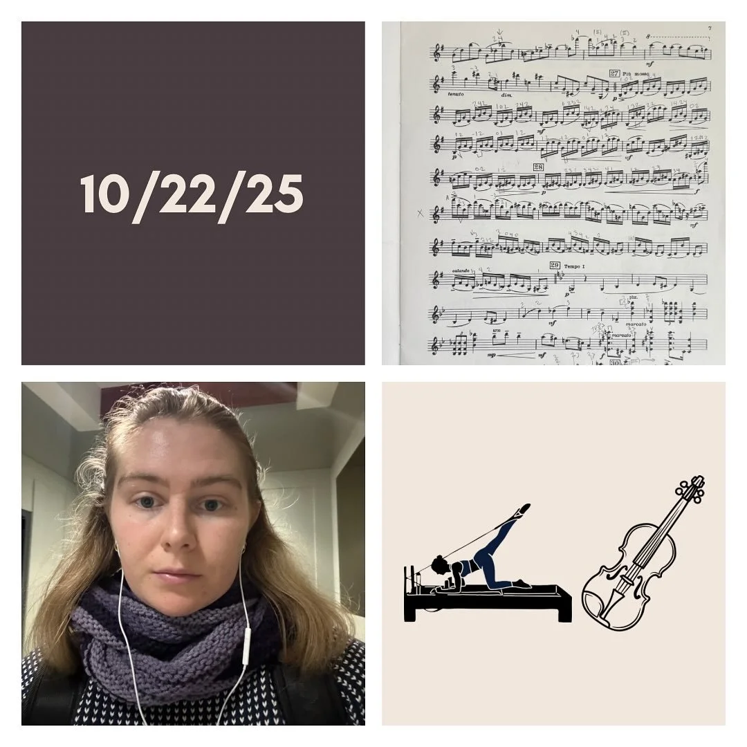 DAY 424 - 10/22/25

🎻: Violin - big practice day again, working on really internalizing the notes of all of the excerpts. Started the morning off with a sort of luxurious warm-up block, working on thirds and octaves in all the &ldquo;white key&rdquo