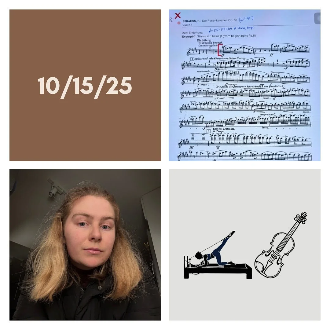 DAY 417 - 10/15/25

🎻: Violin - a big practice day with lots of drilling on this massive list of excerpts. Able to get some work on my solo repertoire as well!
🧘🏼&zwj;♀️: Pilates - (cb1 class, 50 min) good and needed midweek stretch!
🚶🏼&zwj;♀️: 