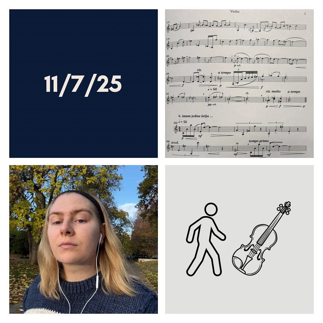 DAY 440 - 11/7/25

🎻: Violin - body felt exhausted at the end of today in all capacities! So much rehearsal + practice + mental strain that I was just absolutely done. Even with stretching, it was a bit too much. Performed Prokofiev in studio class 