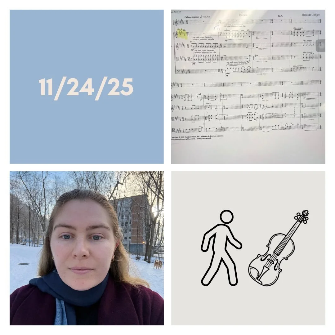 DAY 457 - 11/24/25

🎻: Violin - mcgill violin day! Had my trial lesson in the morning - loved it! Very much looking forward to auditioning here in the spring. Attended studio class in the afternoon/evening, got to visit with Annis + Norah &hearts;️a