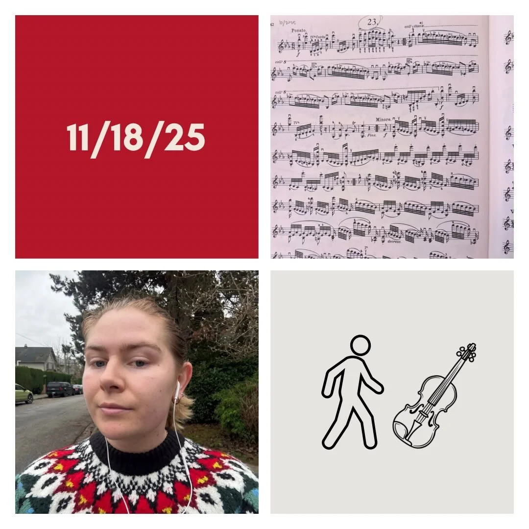 DAY 451 - 11/18/25

🎻: Violin - decent playing day today &mdash; good practice in the morning and evening + rehearsals in the afternoon and evening. Feeling anxious about my applications and recording sessions coming up, but overall proud of myself 