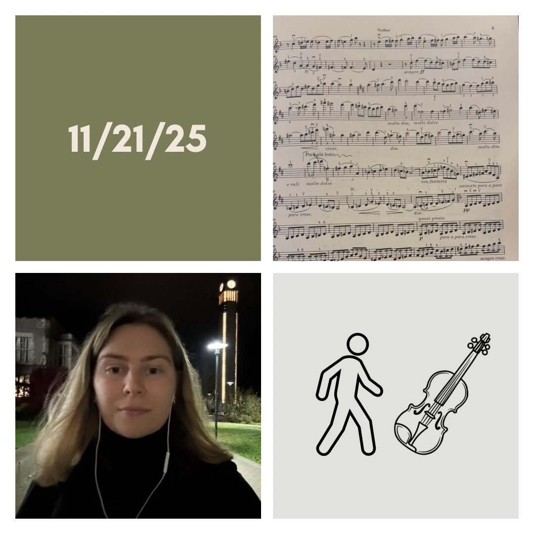 DAY 454 - 11/21/25

🎻: Violin - pretty packed day of playing. 1hr lesson that turned into 2hr, quick harp duo rehearsal, CP concert, quartet coaching, harp coaching, observing a masterclass, Bartok rehearsal, and Golijov sectional. Did not have the 