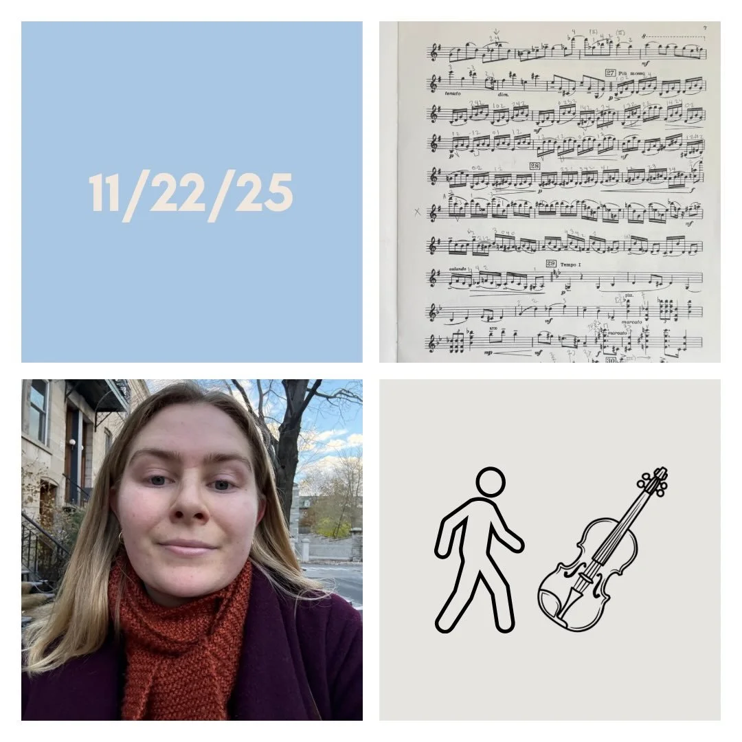 DAY 455 - 11/22/25

🎻: Violin - practice session at Chelsea&rsquo;s house in the morning after arriving very early! Didn&rsquo;t have a ton of energy, which was a good opportunity to do some slow work that wasn&rsquo;t too exerting. 
🚶🏼&zwj;♀️: Wa