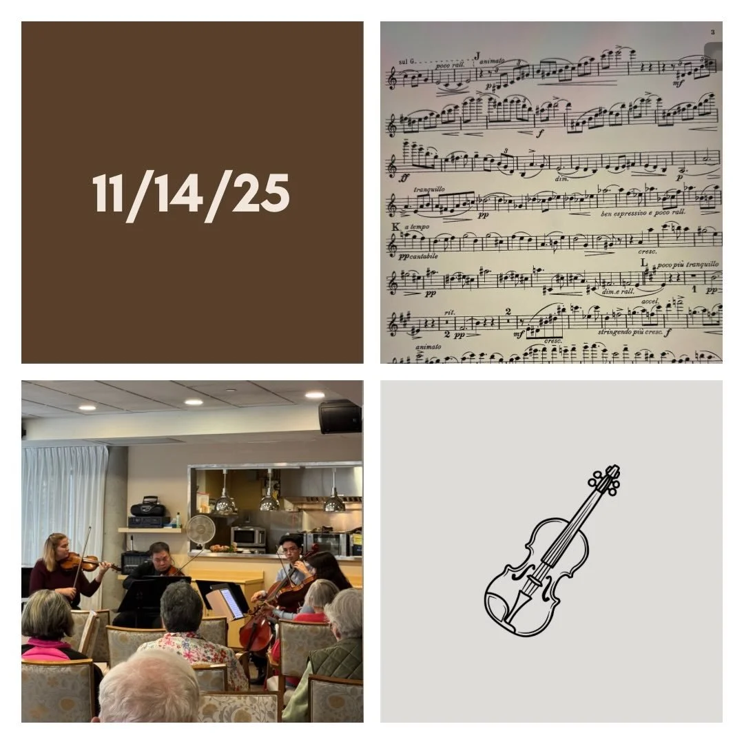 DAY 447 - 11/14/25

🎻: Violin - another busy friday in the books! Practice, rehearsals, then an outreach concert at the Weinberg Residence! Second time here and always fills my heart to play for community members. First full run of Haydn 76/2 - lots