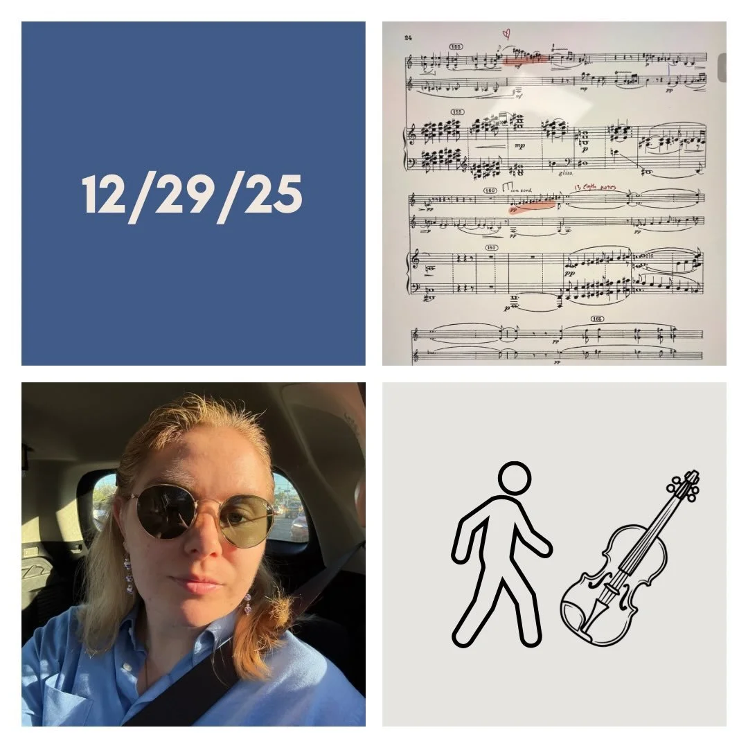 DAY 492 - 12/29/25

🎻: Violin - after my warm-up, started my practice in repertoire with reading through a Bach partita that I haven&rsquo;t touched in years! Fun to revisit it as a shifting exercise and almost like an etude! 
🚶🏼&zwj;♀️: Walk - (1
