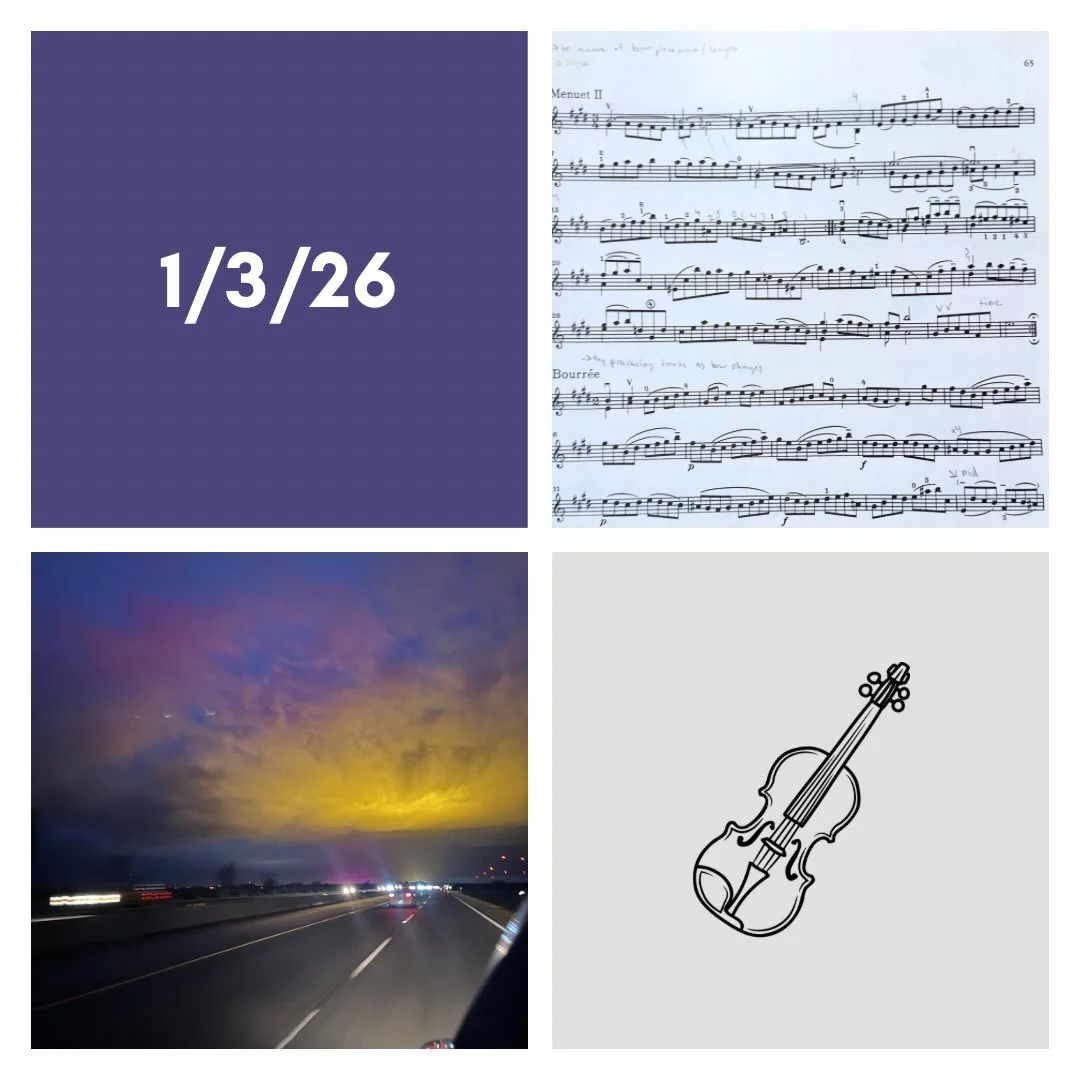 DAY 497 - 1/3/26

🎻: Violin - great night practice session after a post-travel day of catching up on some things! Accomplished four of my goals, and felt like my mind was really focused on each task at hand. 
(No physical activity today, looking for