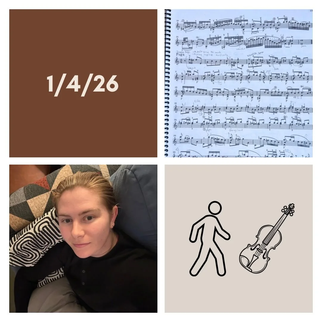 DAY 498 - 1/4/26

🎻: Violin - good day of practice again! Getting back on the swing of things after the lighter practice the last few weeks. Focused on some shifting spots in all the rep and making sure my pitch is as accurate as possible!
🚶🏼&zwj;