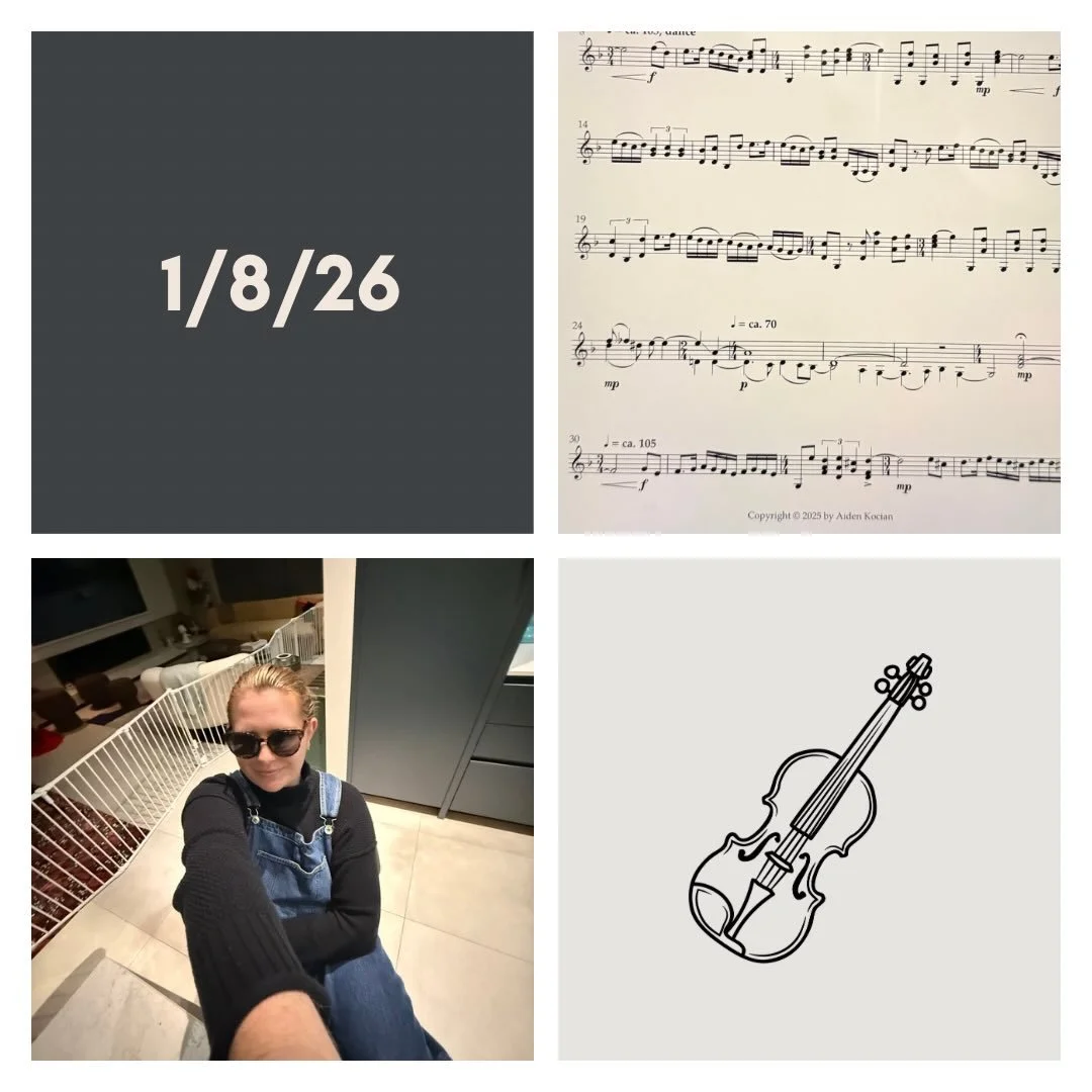 DAY 502 - 1/8/26 

🎻: Violin - looong day of playing, but exciting! Had my first looping class - I&rsquo;m pumped for the rest of the term. It&rsquo;s like 3 hr of creative playtime + learning how to use this new equipment. Good afternoon quartet + 