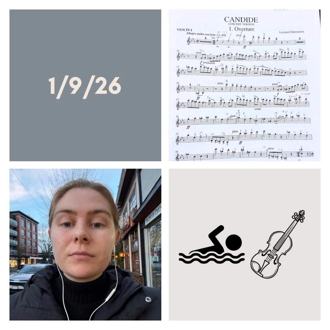 DAY 503 - 1/9/26

🎻: Violin - barely practiced today, but good time spent on other things with my instrument. First lesson of the term, contrasts rehearsal, studio class performance! Chill evening at home to cap it off :&mdash;)
🏊🏻&zwj;♀️: Swim - 