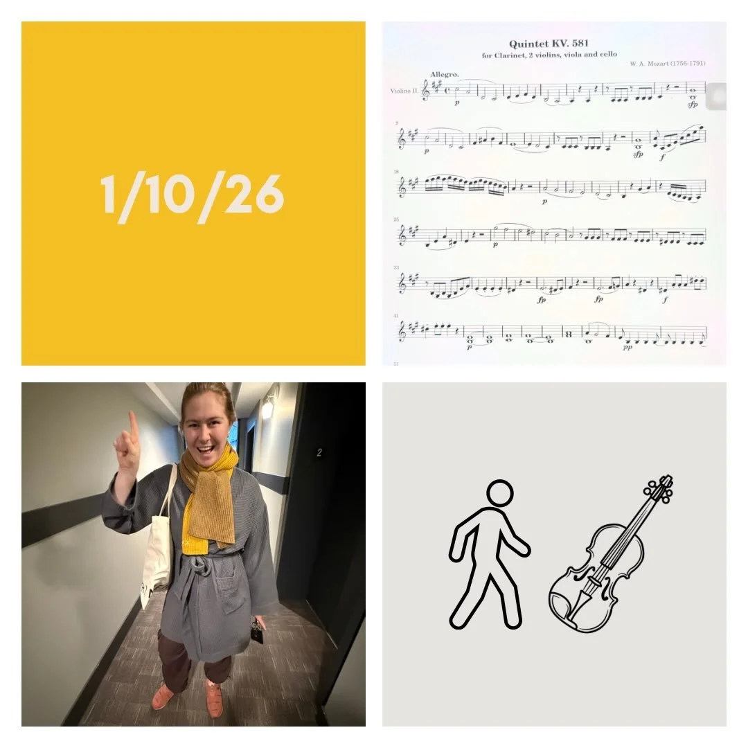 DAY 504 - 1/10/26

🎻: Violin - awesome sessions today! Felt productive, focused, and set goals I accomplished. A lot of detail stuff today and not much big picture BUT did get to finally read through the 4th mov of Amy beach sonata w Viv!! @vivienne