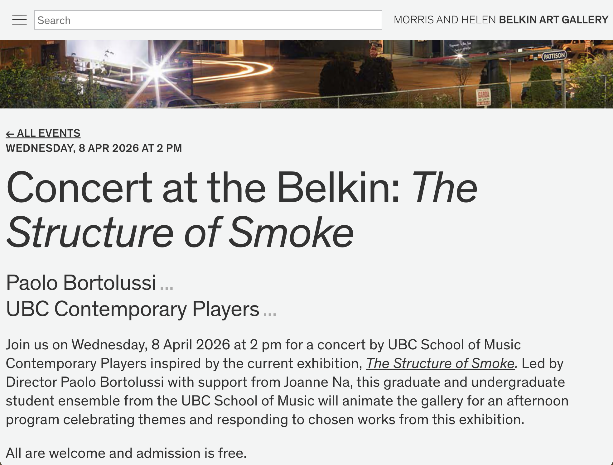 UBC Contemporary Players @ Belkin Art Gallery: The Structure of Smoke