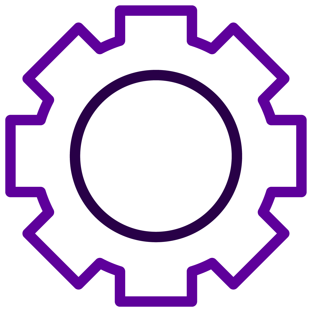 Outline of a gear in purple with a black background.