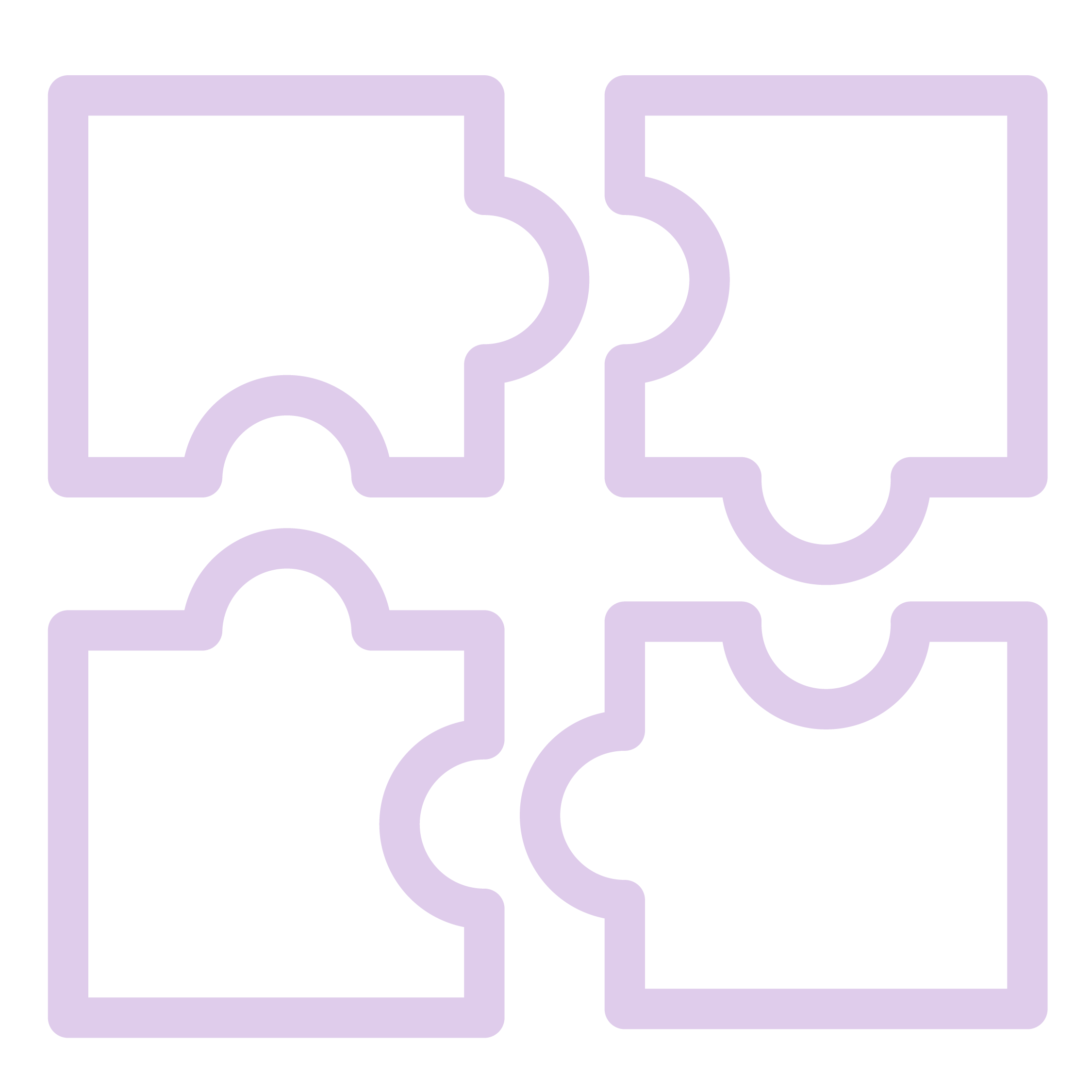 Four puzzle pieces with purple borders fitting together to form a square.