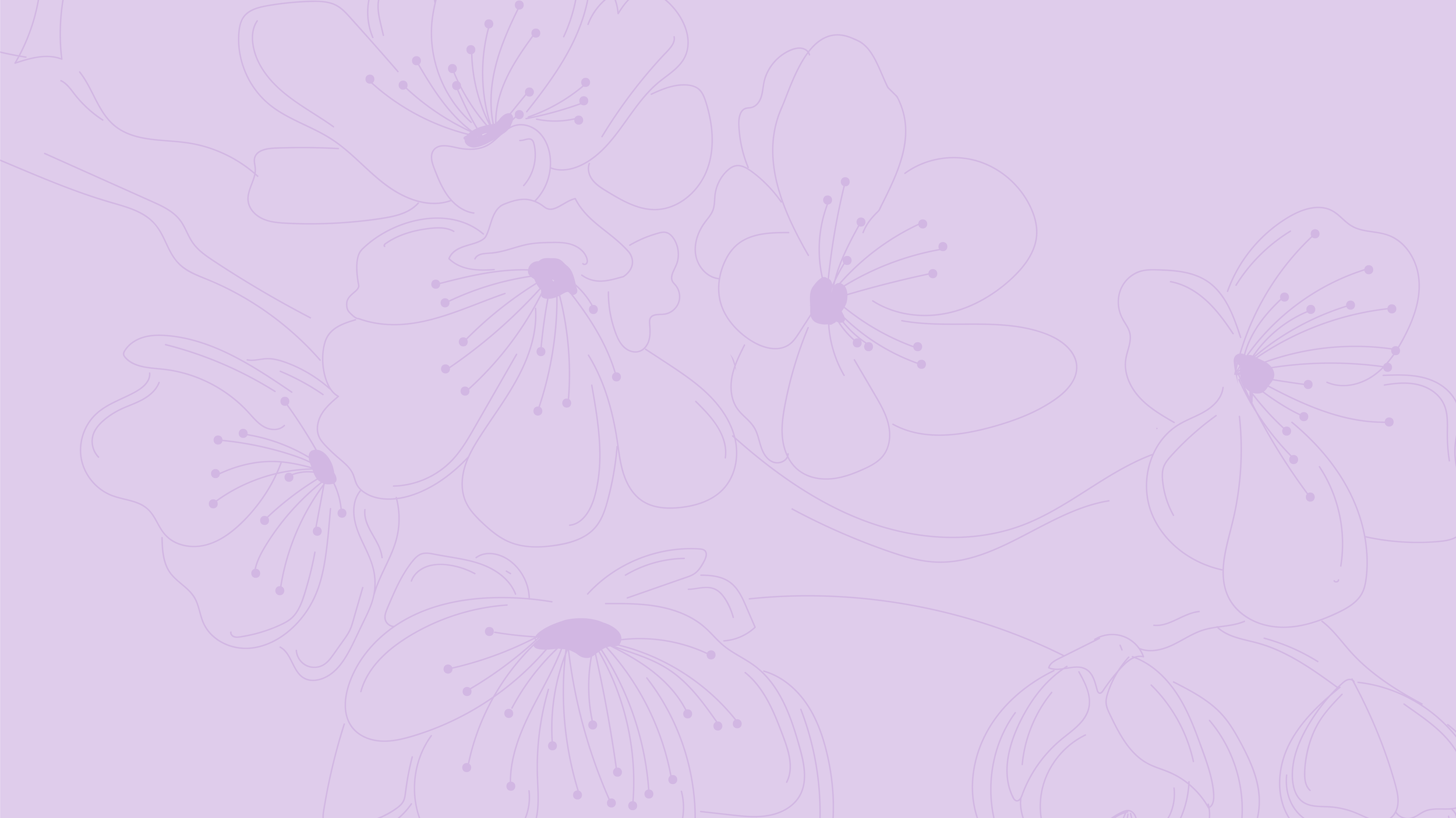 Light purple background with a pattern of outlined flower illustrations in a slightly darker purple shade.