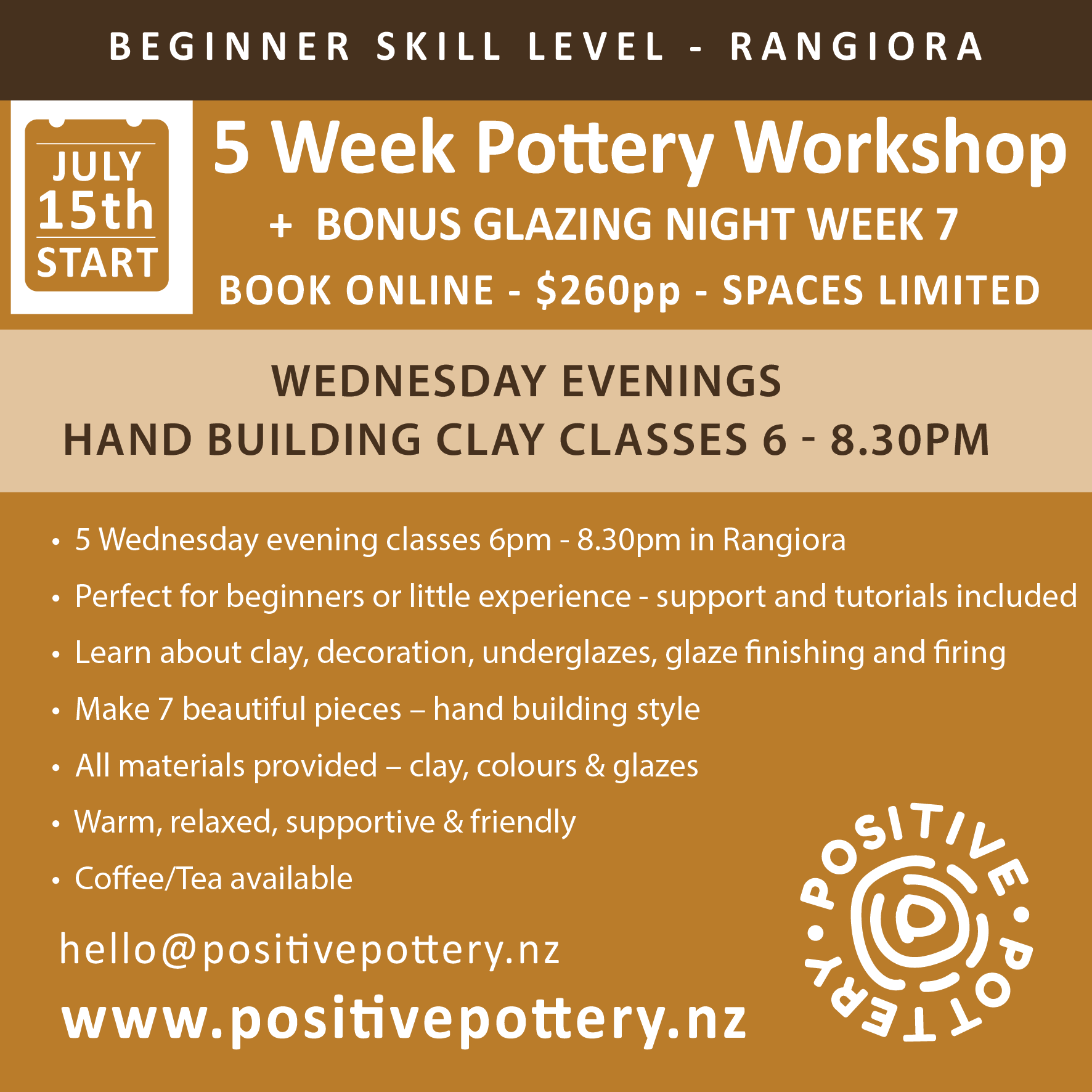 15 JULY - 12 AUG 2026 - Wednesdays (Beginner)