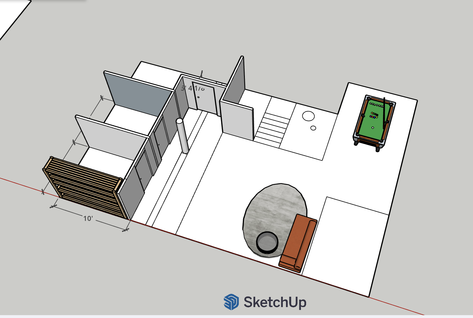 A sketch up rendering of an interior space basement remodel 