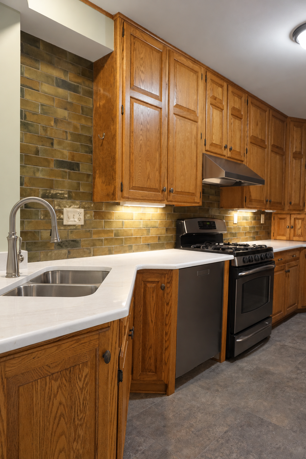 Kitchen with wooden cabinets, a white marble countertop, a double sink, a stainless steel stove with a range hood, a brick backsplash, and a floor with gray tiles.