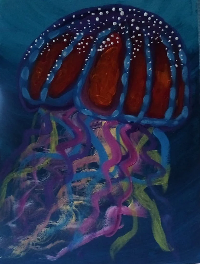 A colorful painting of a jellyfish with a dark blue background. The jellyfish has a reddish-brown bell with white dots and long, flowing tentacles in purple, pink, blue, green, and yellow.