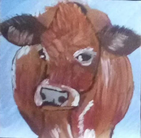 A painting of a brown cow with large eyes, horns, and white markings on its face.