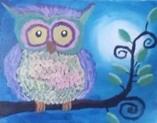 Colorful painting of a purple and pink owl with large yellow eyes perched on a branch, with a full moon and a blue sky in the background.