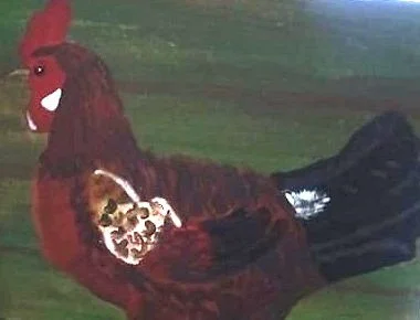 Drawing of a rooster with a humorous face, set against a green background.