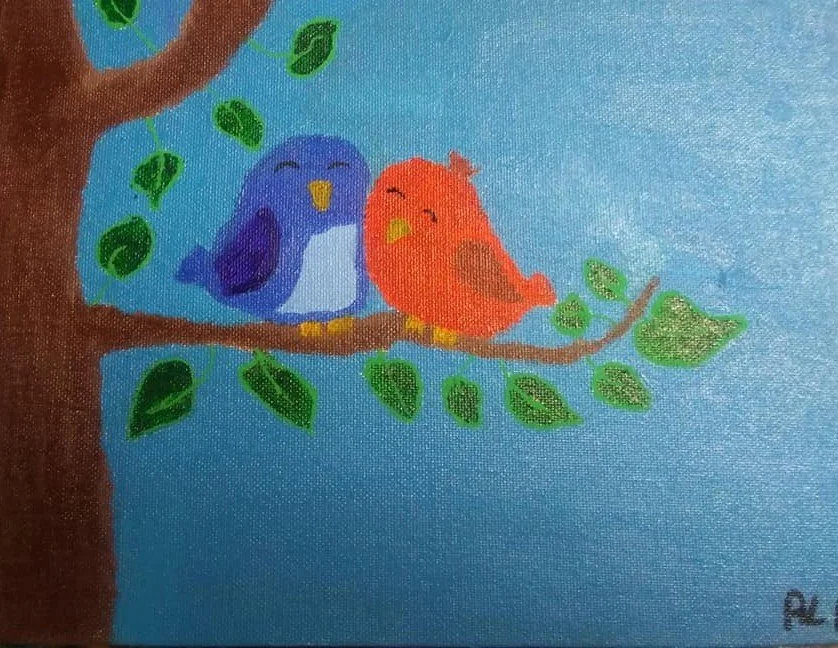Colorful painting of two birds sitting on a tree branch, surrounded by green leaves, with a blue sky background.