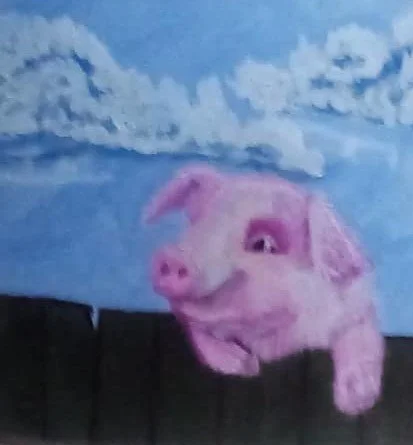 A mural of a pig with a pink face and snout, set against a background of blue sky and white clouds.