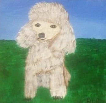 Drawing of a white dog standing on green grass with a blue sky background.