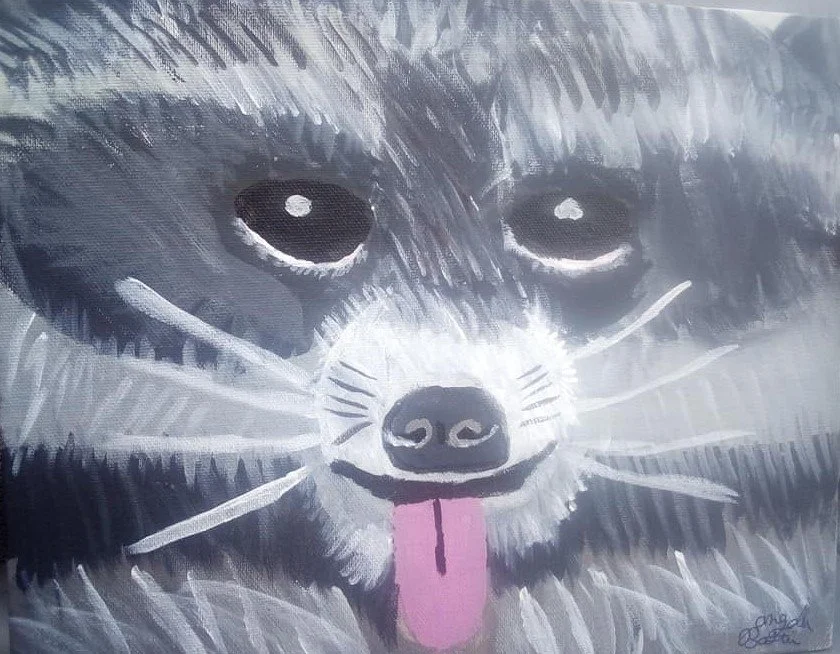 Painting of a dog, likely a husky, with black and white fur, dark eyes, a black nose, and a pink tongue sticking out.