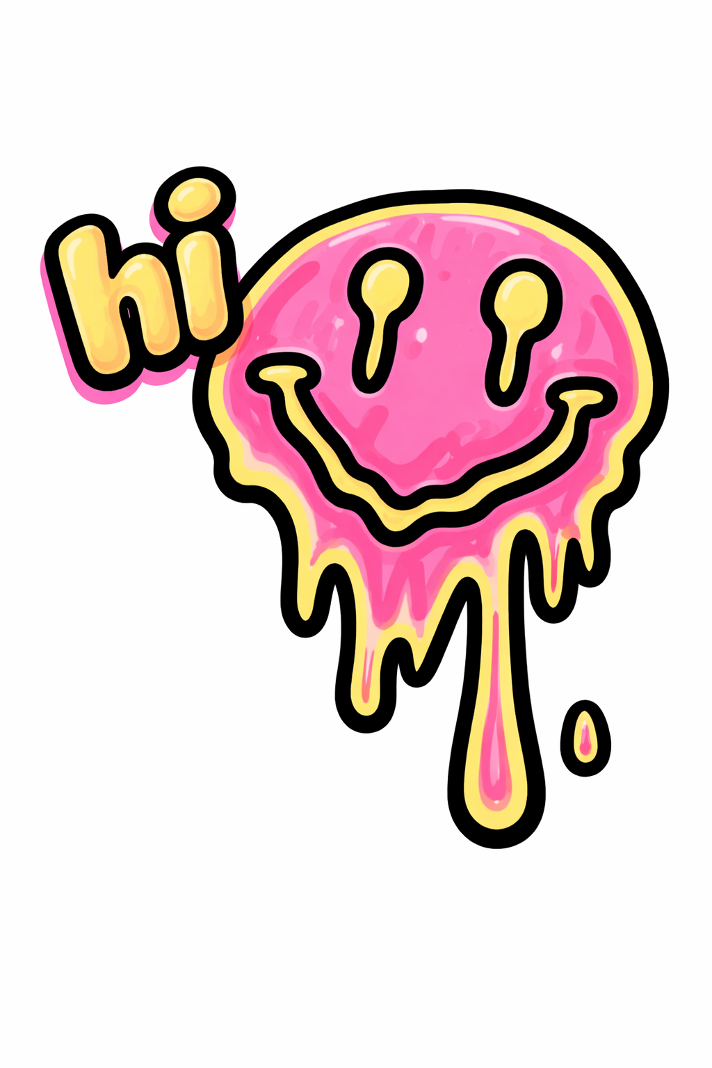 A cartoon pink smiling face with yellow accents and melting drips, with the word "hi" in yellow above it.