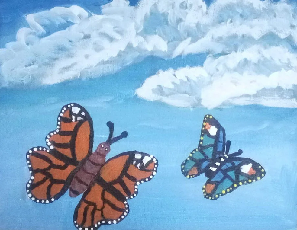 A painting of two Monarch butterflies flying in a sky with white clouds.