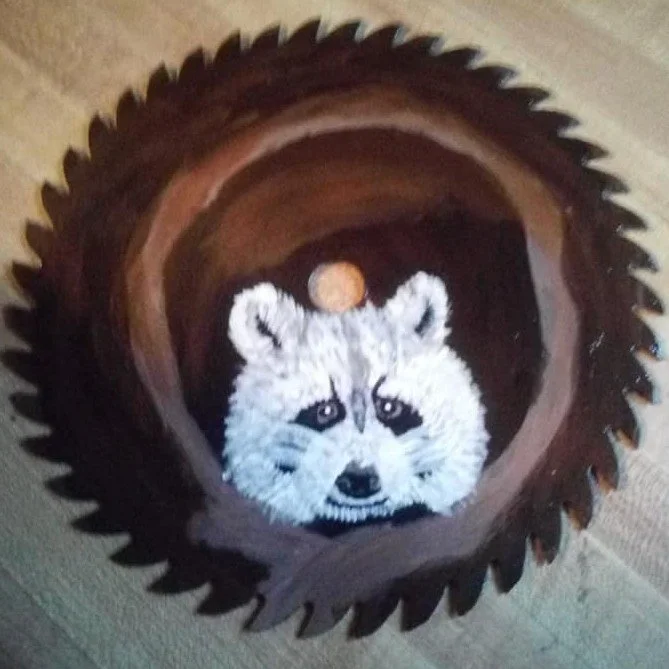 A circular saw blade with a painted raccoon's face inside the center opening, resembling a raccoon peeking through an eye-hole.