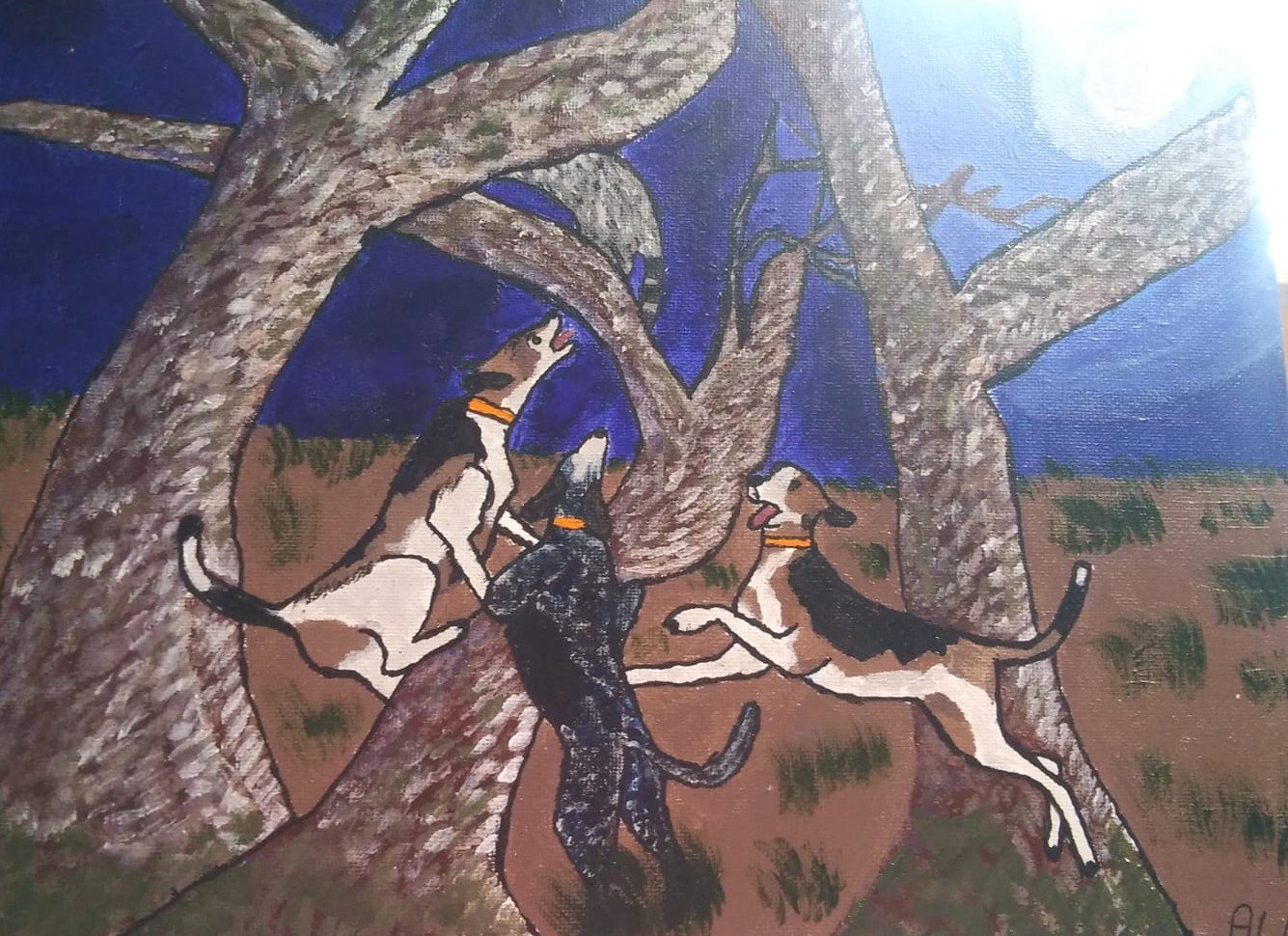 A painting of three dogs barking at each other in a tree at night.